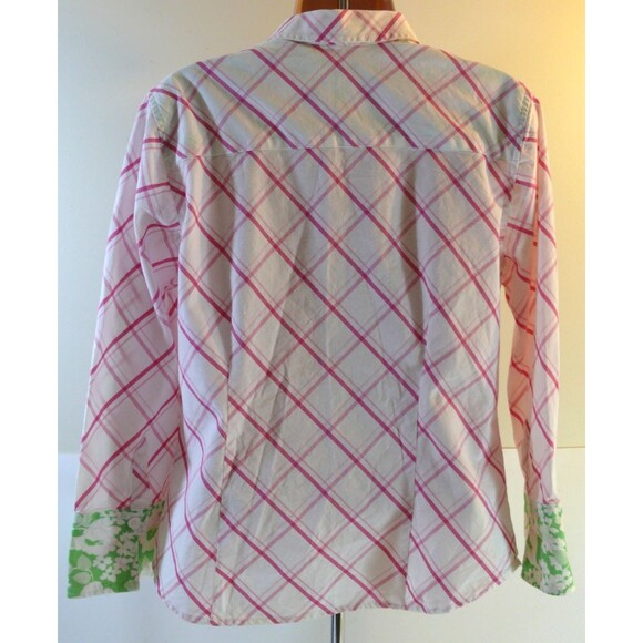 Izod Blouse top pink plaid button up cotton contrast sleeves size Med/Large - Picture 3 of 8